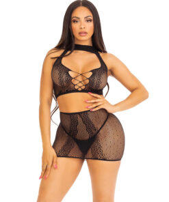 LEG AVENUE - TOP  FALDA DE ENCAJE ABIERTO NEGRO