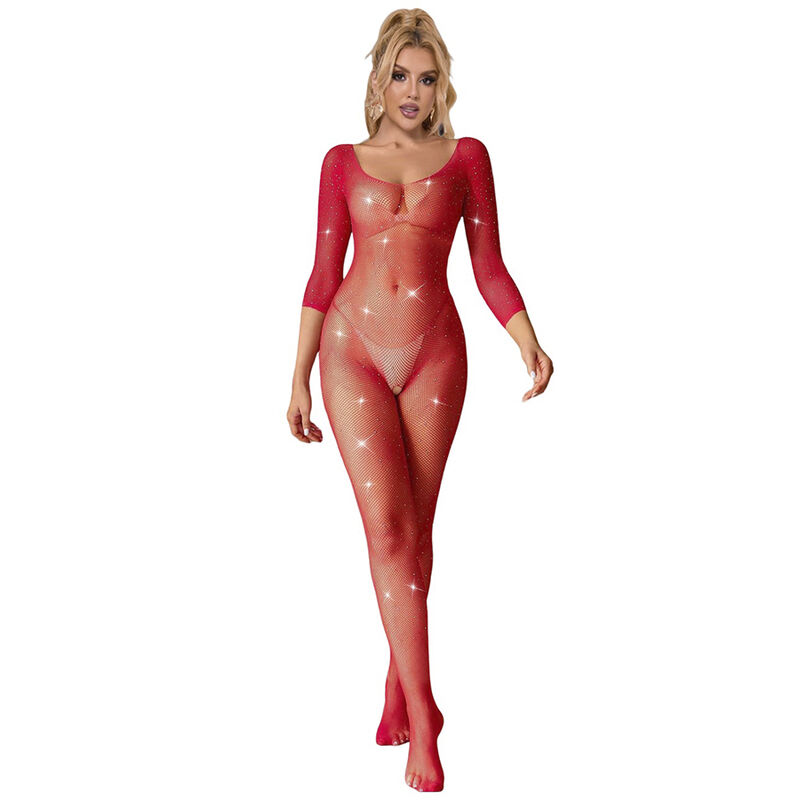 SUBBLIME - 952419 FISHNET BODYSTOCKING WITH DIAMONDS LONG SLEEVE RED XS/M