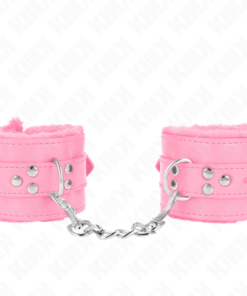 KINK - FUR LINED WRIST RESTRAINTS WITH SQUARE HOLES PINK AND PINK BELT ADJUSTABLE 17-29 CM X 6 CM