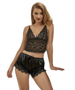 SUBBLIME - 953942 CASUAL SILK NIGHTGOWN + LACE PANTS BLACK L/XL
