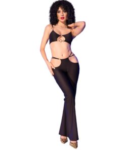 CHILIROSE - CR 4851 SET TOP NEGRO Y LEGGINS CON COMPLEMENTOS DORADOS