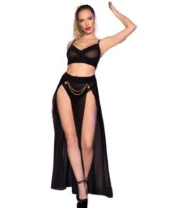 CHILIROSE - CR 4672 TOP NEGRO FALDA Y TANGA CON CADENAS DORADAS S