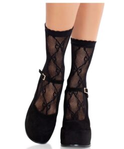 LEG AVENUE - BLACK LACE BOW LACE SOCKS