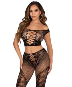 LEG AVENUE - CROP TOP AND FISHNET LEGGING WITH BARE SHOULDERS BLACK